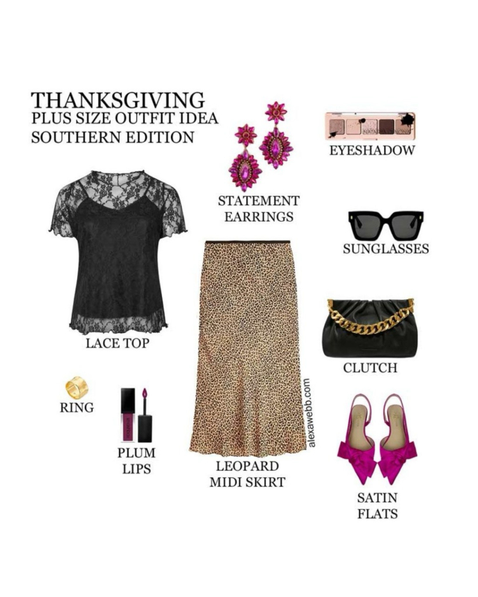 2024 Plus Size Thanksgiving Outfits - Southern Edition - A plus size holiday outfit idea for warm climates. A plus size black lace top and leopard print satin midi slip skirt with fuchsia bow flats and a black clutch. Alexa Webb #plussize

#LTKStyleTip #LTKHoliday #LTKPlusSize