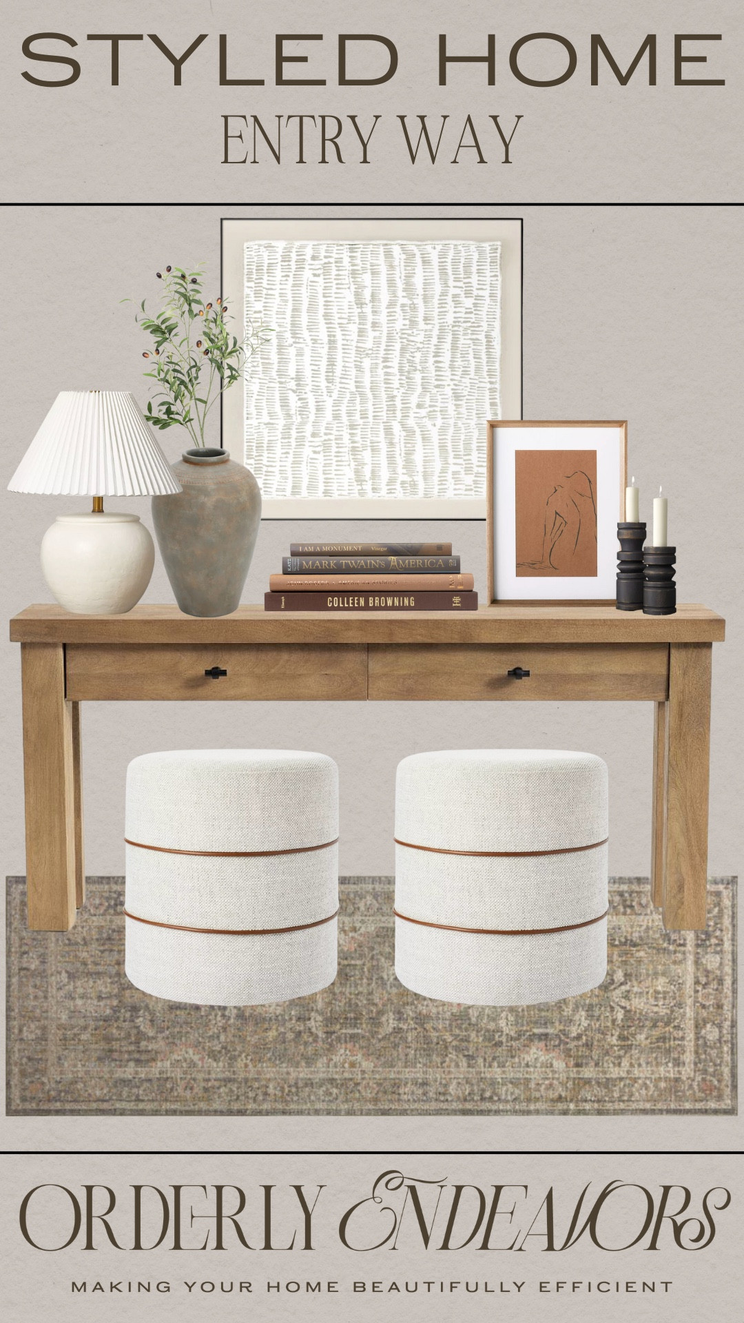 Styled entryway includes ottoman, runner, console table, wall art, candle stick holders, book stack, vase, greenery stem, table lamp.

Home decor, entryway, neutral home finds, winter home finds

#LTKFindsUnder50 #LTKStyleTip #LTKHome