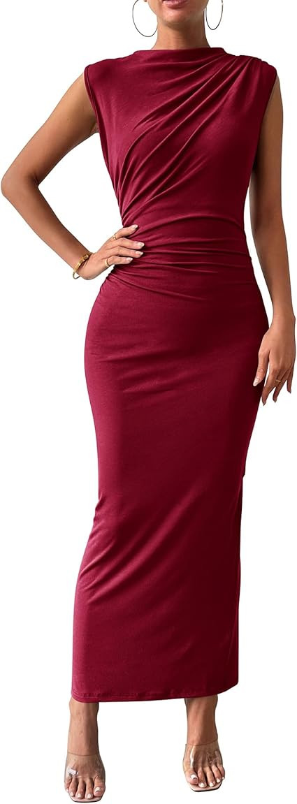 BTFBM Women's Ruched Bodycon Dress Summer Casual Sleeveless Lightweight Back Slit Elegant Club Pa... | Amazon (US)