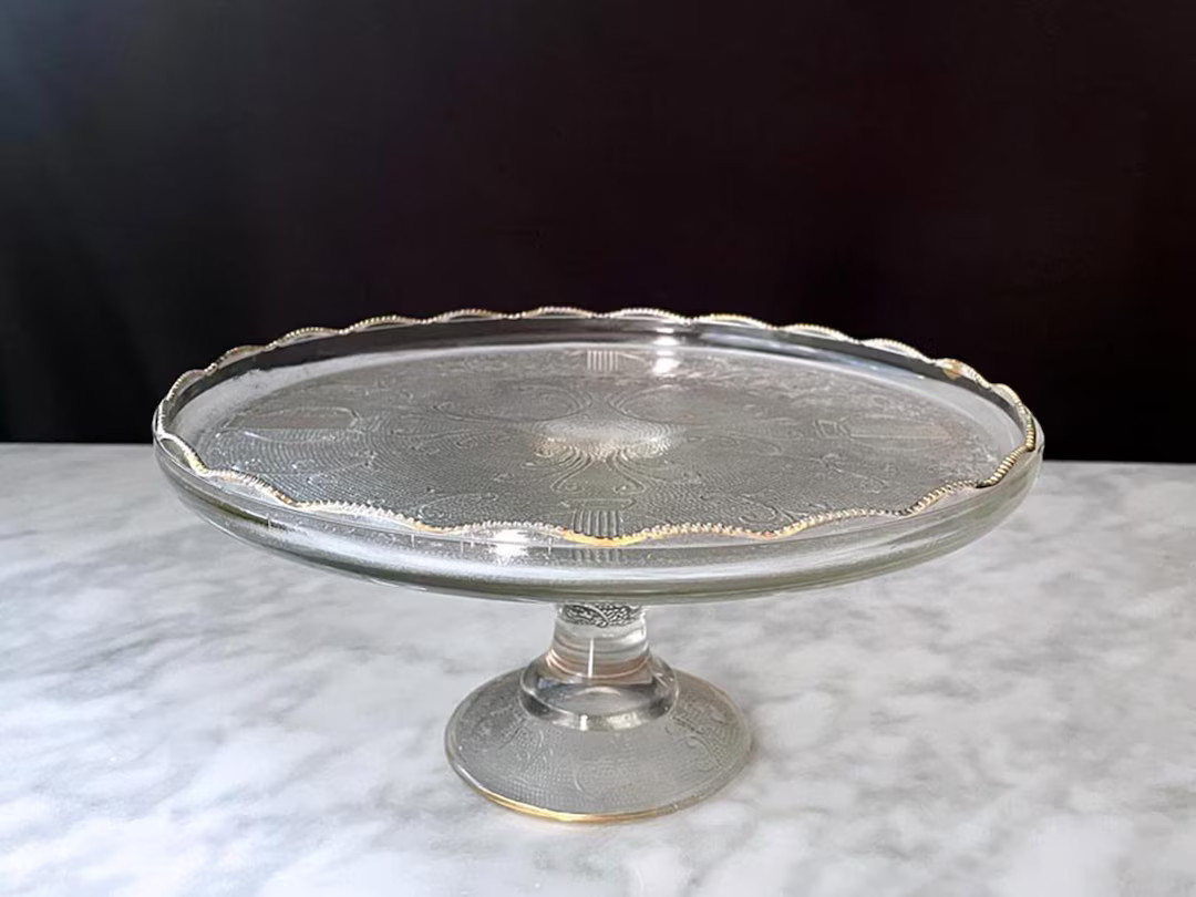 Vintage Jeannette Harp Cake Stand: Midcentury Gold Rim Pedestal - Etsy | Etsy (US)