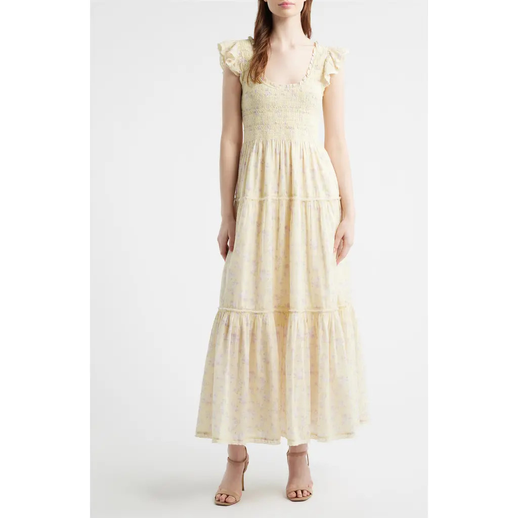 LoveShackFancy Chessie Floral Tiered Midi dress in Lemon Spritz at Nordstrom, Size Medium | Nordstrom