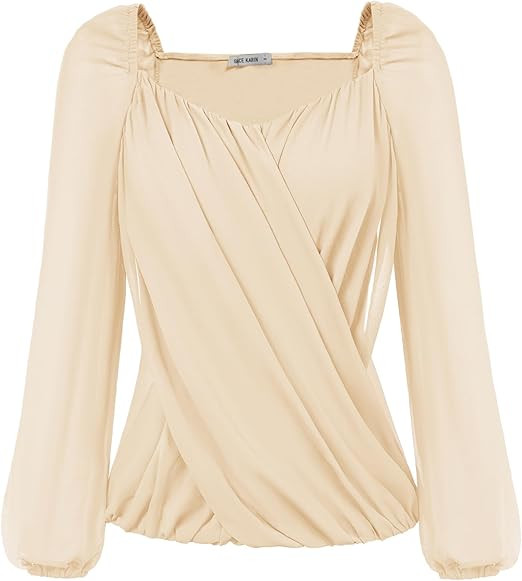 GRACE KARIN Women's Lantern Long Sleeve Tops 2024 Casual Loose Chiffon Shirts Criss Cross Ruffle ... | Amazon (US)