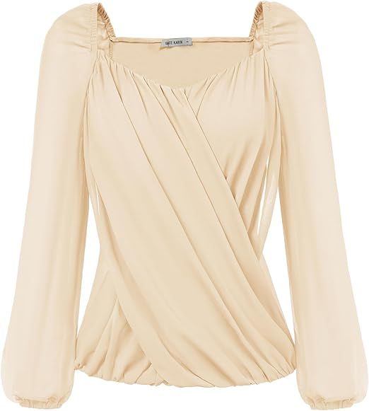 GRACE KARIN Women's Lantern Long Sleeve Tops 2024 Casual Loose Chiffon Shirts Criss Cross Ruffle ... | Amazon (US)