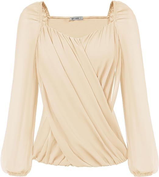 GRACE KARIN Women's Lantern Long Sleeve Tops 2024 Casual Loose Chiffon Shirts Criss Cross Ruffle ... | Amazon (US)