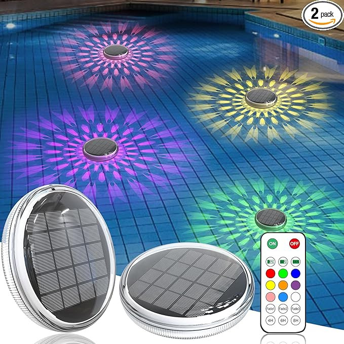 Solar Rechargeable Floating Pool Lights(2 Pack), Pool Lights That Float with Remote Control, 9 Li... | Amazon (US)