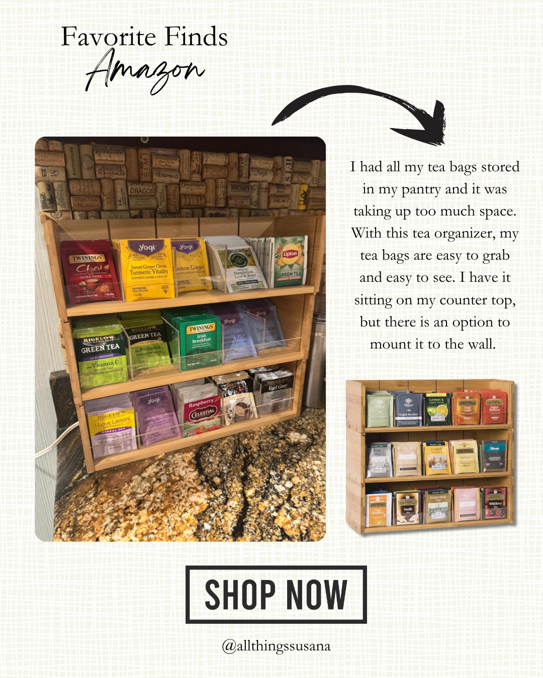 I had all my tea bags stored in my pantry and it was taking up too much space. With this tea organizer, my tea bags are easy to grab and easy to see. I have it sitting on my counter top, but there is an option to mount it to the wall.  

 #LTKHome