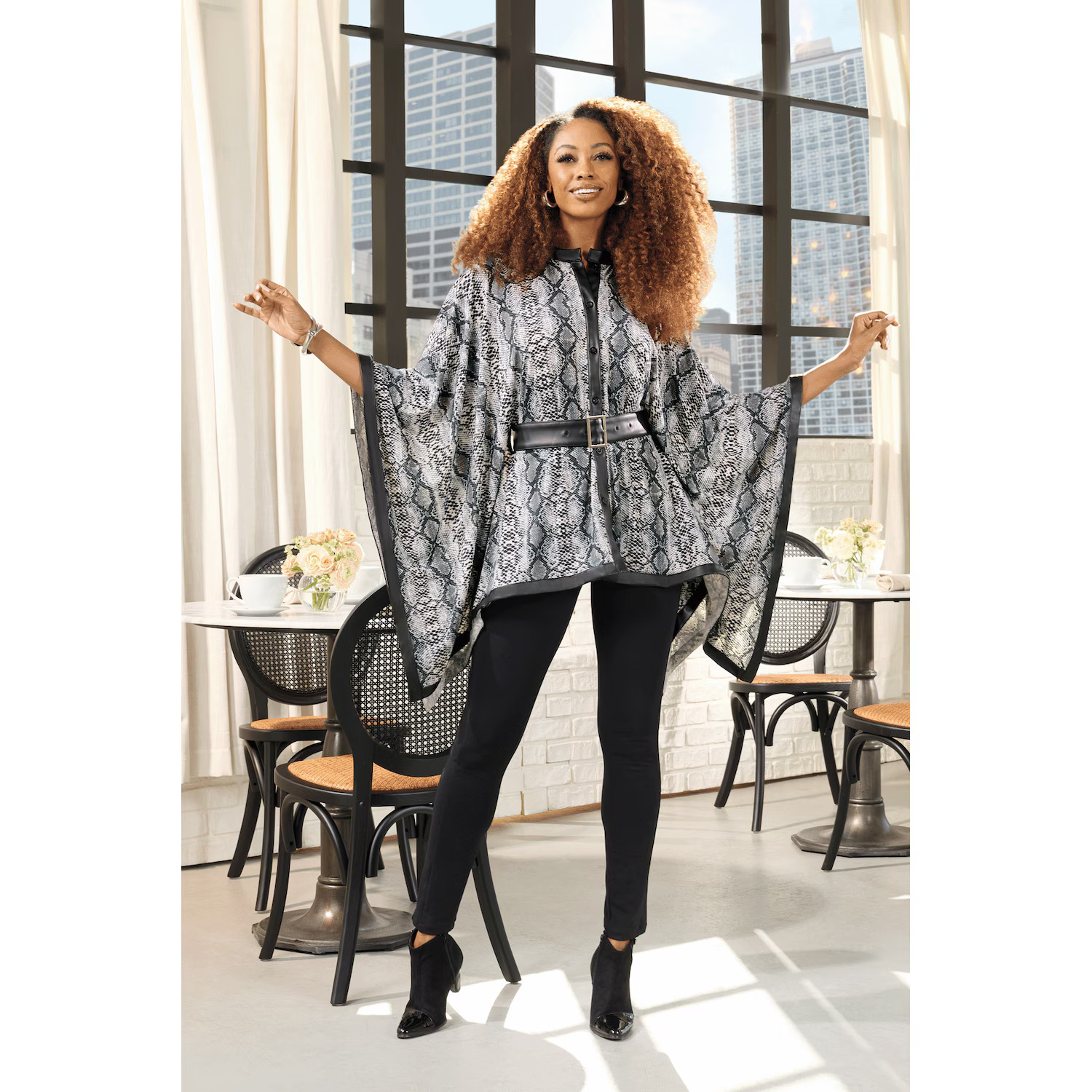 Bethany Belted Caftan Tunic with Mandarin Collar and Faux-Leather Trim | Ashro