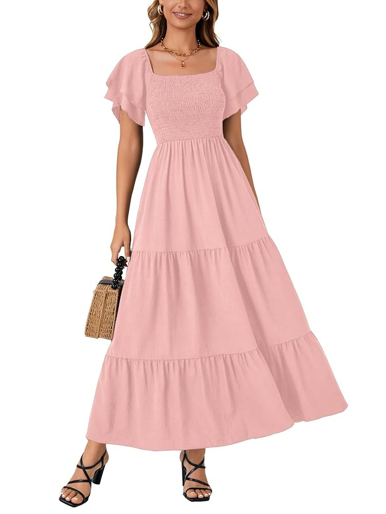 LYANER Women's Casual Summer Midi Dress Ruffle Short Sleeve Square Neck Smocked Tiered Ruffle Dre... | Amazon (US)