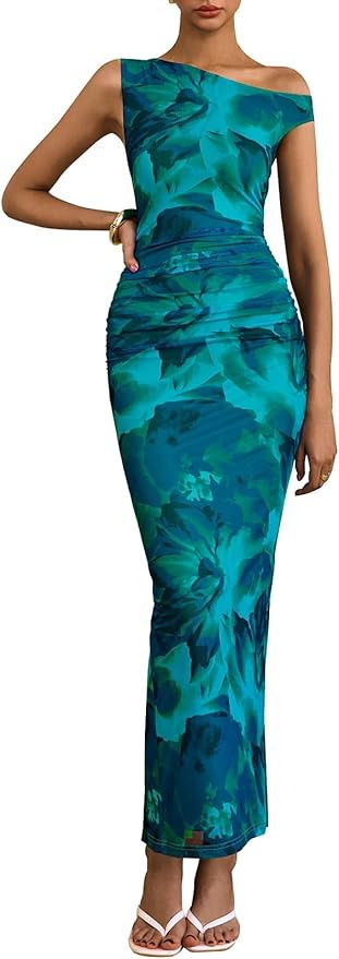 PRETTYGARDEN Women's 2026 Summer Floral One Shoulder Maxi Dress Wedding Guest Ruched Mesh Bodycon... | Amazon (US)