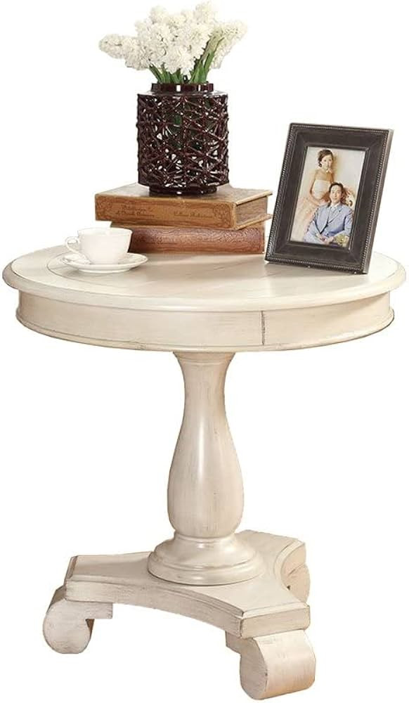 Roundhill Furniture Rene Round Wood Pedestal Side Table, Single, Antique White | Amazon (US)