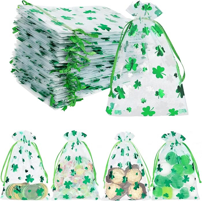 Tapleap St. Patrick's Day Shamrock Organza Bags, Mesh Gift Bags with Drawstring for Packaging Coi... | Amazon (US)