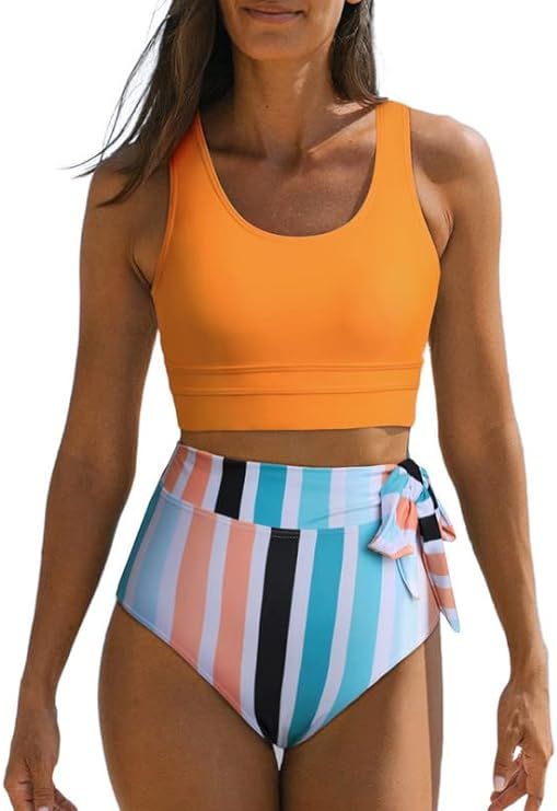 Dokotoo Womens Scoop Neck Racerback High Waisted Bikini Sets Two Piece Swimsuit Floral Print Tumm... | Amazon (US)
