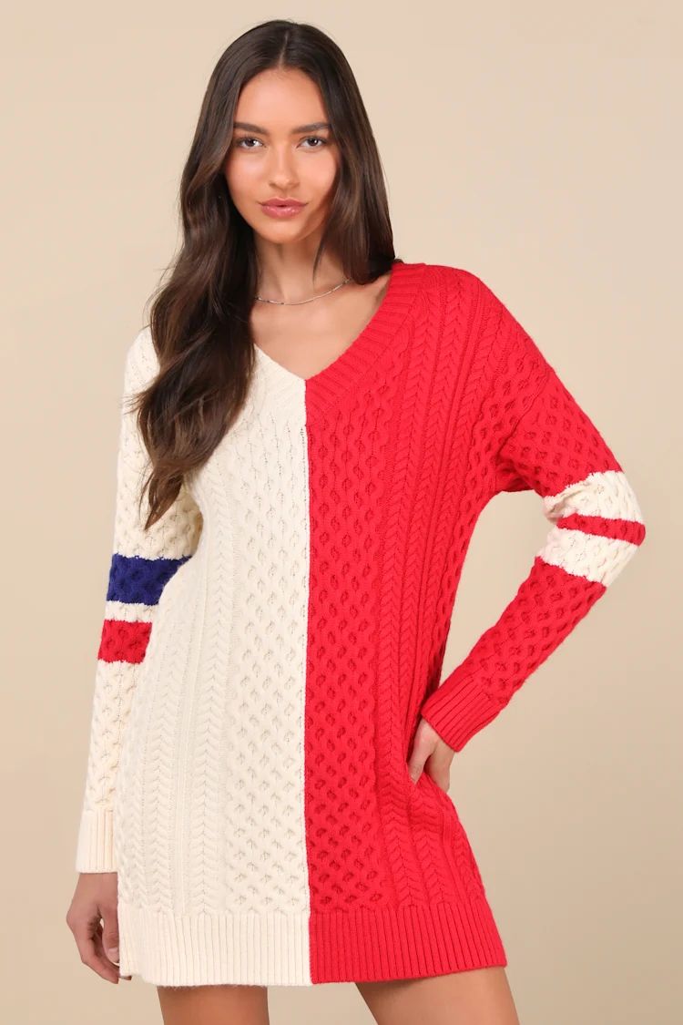 Bold Comfort Ivory and Red Color Block Cable Sweater Mini Dress | Lulus