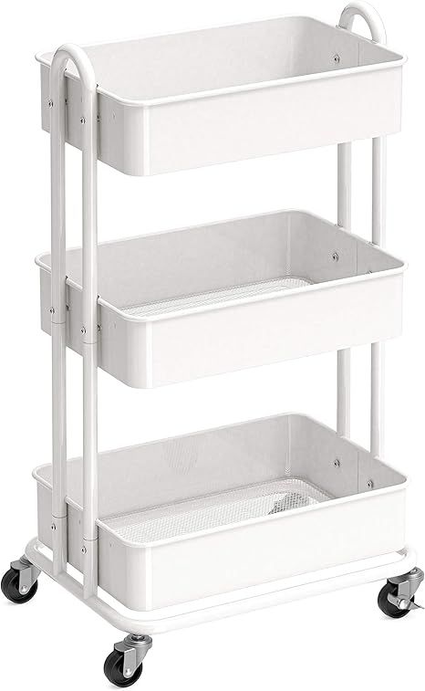 SimpleHouseware Heavy Duty 3-Tier Metal Utility Rolling Cart, White | Amazon (US)