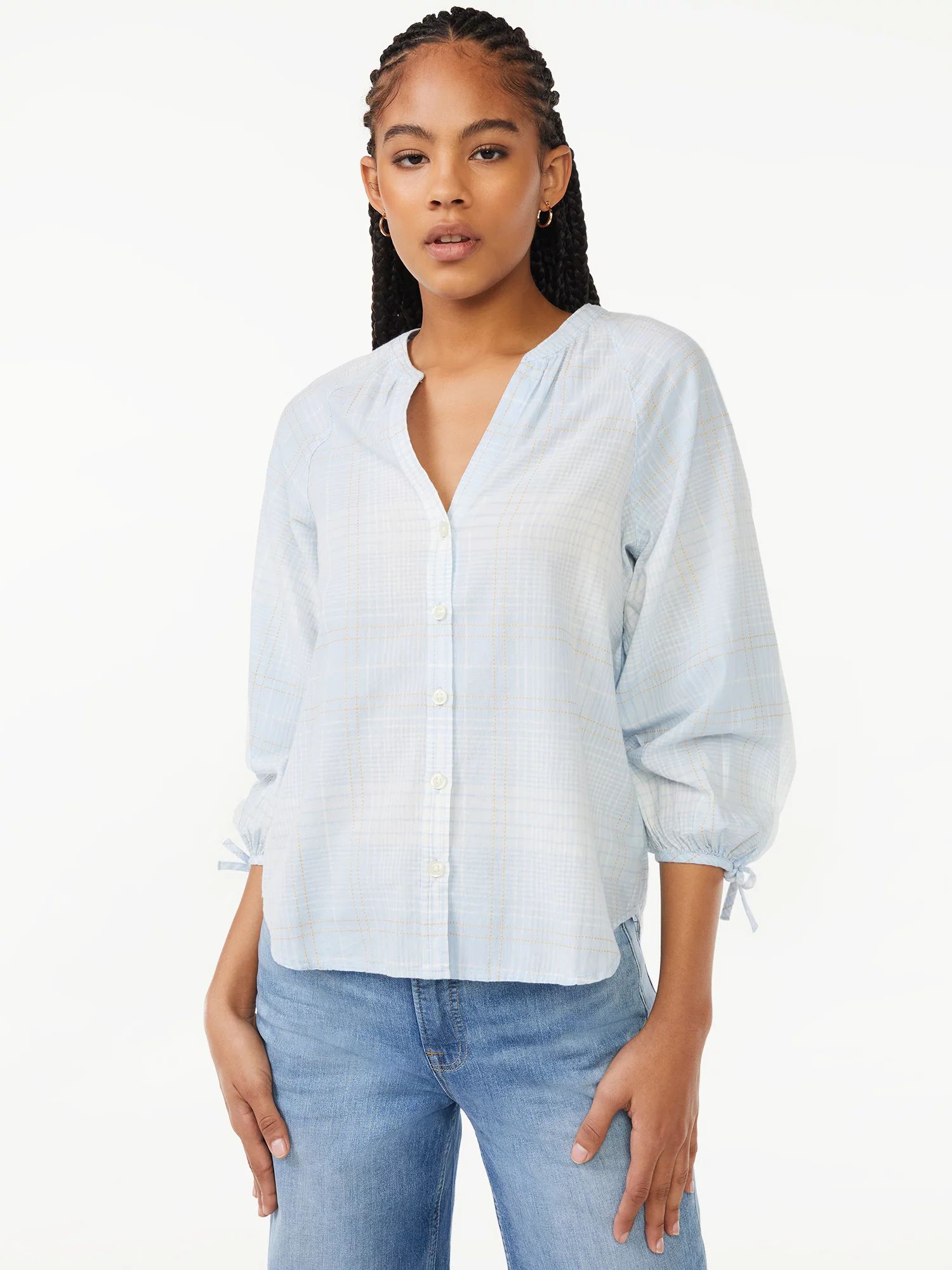Free Assembly Women's Button Down Top with 3/4-Length Tie Sleeves - Walmart.com | Walmart (US)