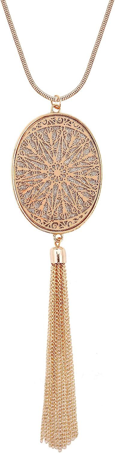Long Necklaces For Woman Disk Circle Pendant Necklaces Tassel Fringe Necklace Set Statement Penda... | Amazon (US)