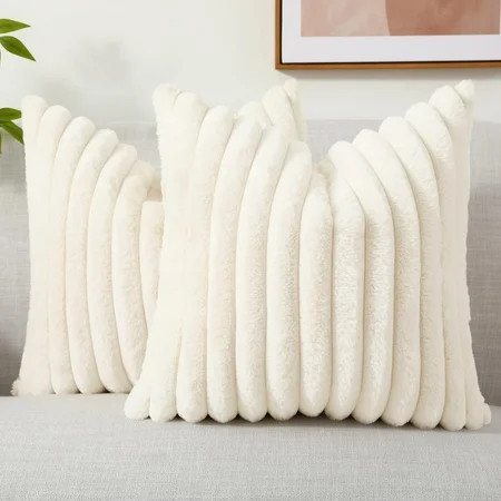 decorUhome Pack of 2 Faux Fur Plush Throw Pillow Covers 18x18, Soft Fluffy Striped Decorative Couch Pillow Covers , Cream White | Walmart (US)