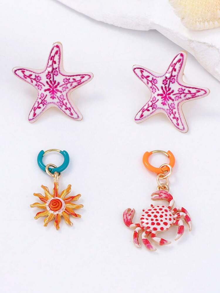 Personalized Oceanic Vacation Style Zinc Alloy Starfish & Crab 4-Piece Earring Set, Luxury Versatile Women Accessories | SHEIN