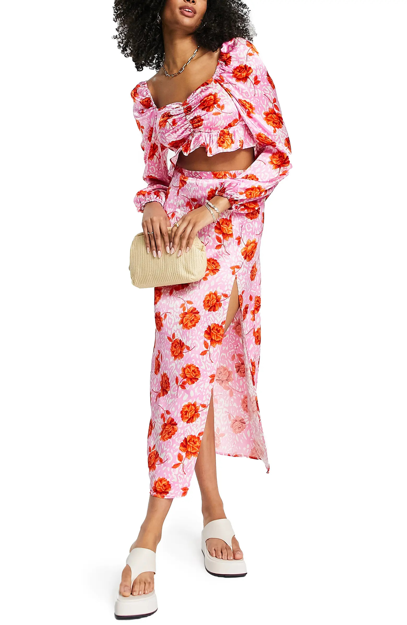 Topshop Mix Print Long Sleeve Satin Crop Top | Nordstrom | Nordstrom