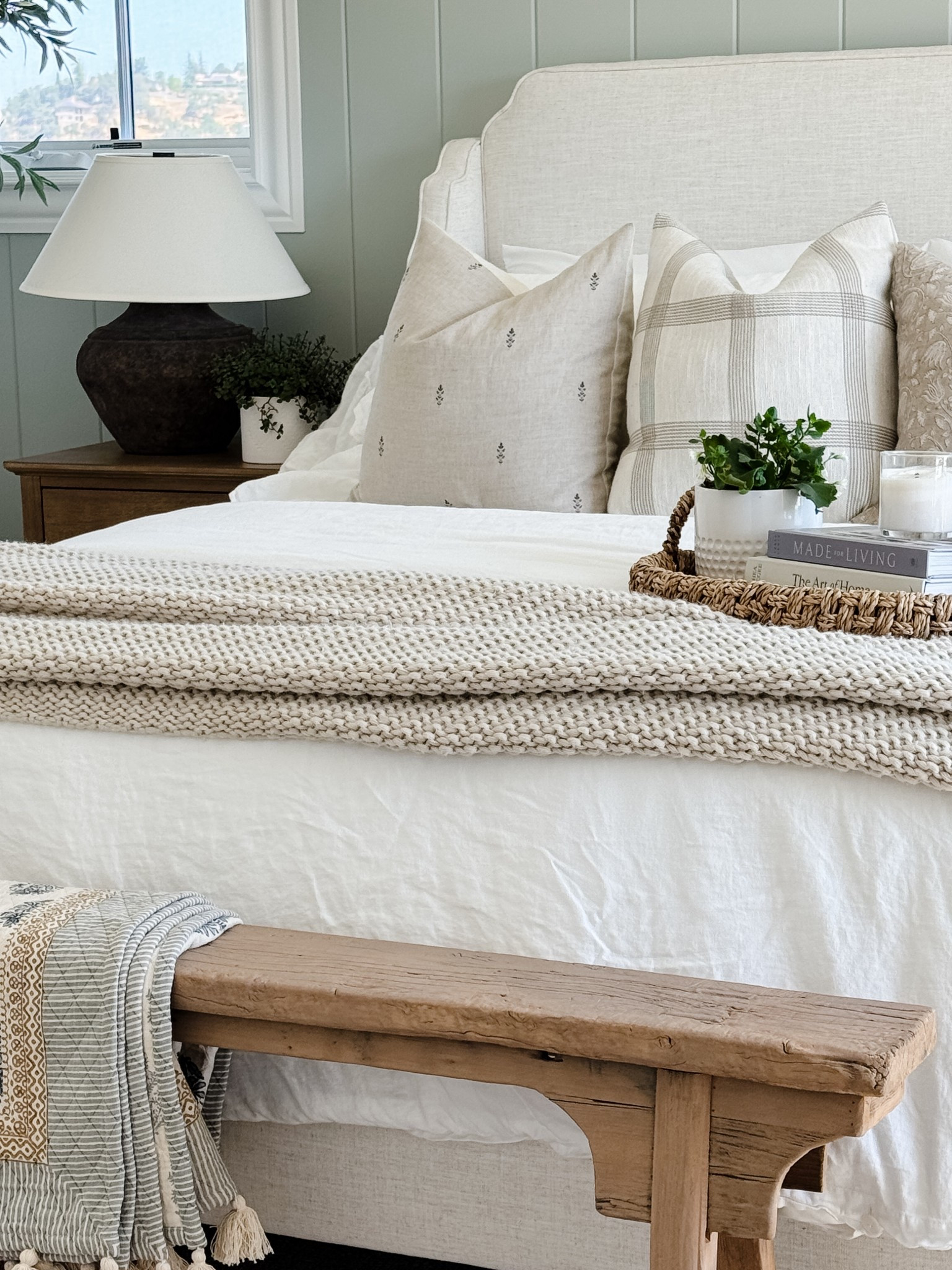 This bed frame is discontinued, but linking others with the same fabric and charm!  Also linking my linen bedding, favorite knit throw, lamp I have four of too!  This end of bench bed is beautiful!  I have three in my home and all from different companies, so linking all!  Also linking pillows, tray, books, and throw!  AND these affordable nightstands!