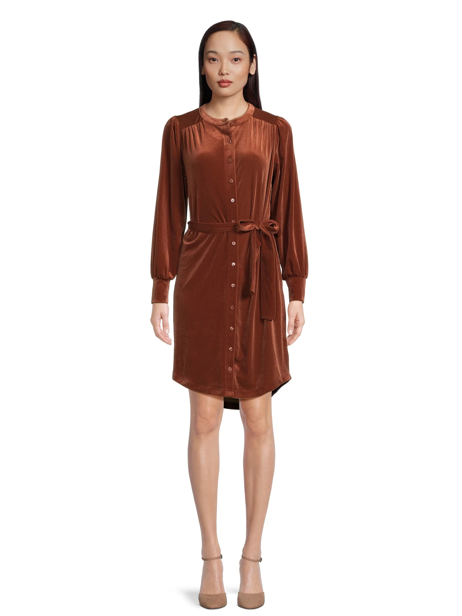 Time and Tru Women's Belted Velvet Dress with Long Sleeves - Walmart.com | Walmart (US)