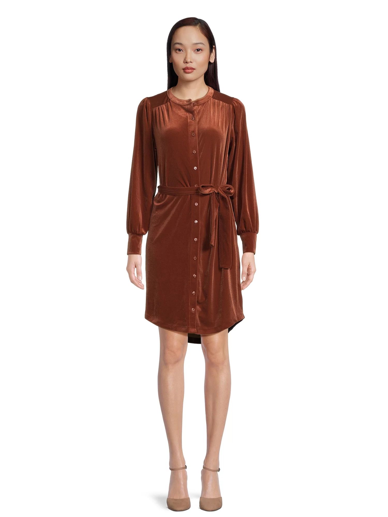 Time and Tru Women's Belted Velvet Dress with Long Sleeves | Walmart (US)