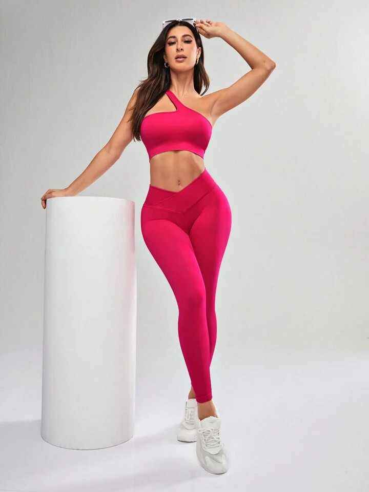 Ensemble de sport estival sans couture de gilet à encolure asymétrique unie et de pantalon long... | SHEIN