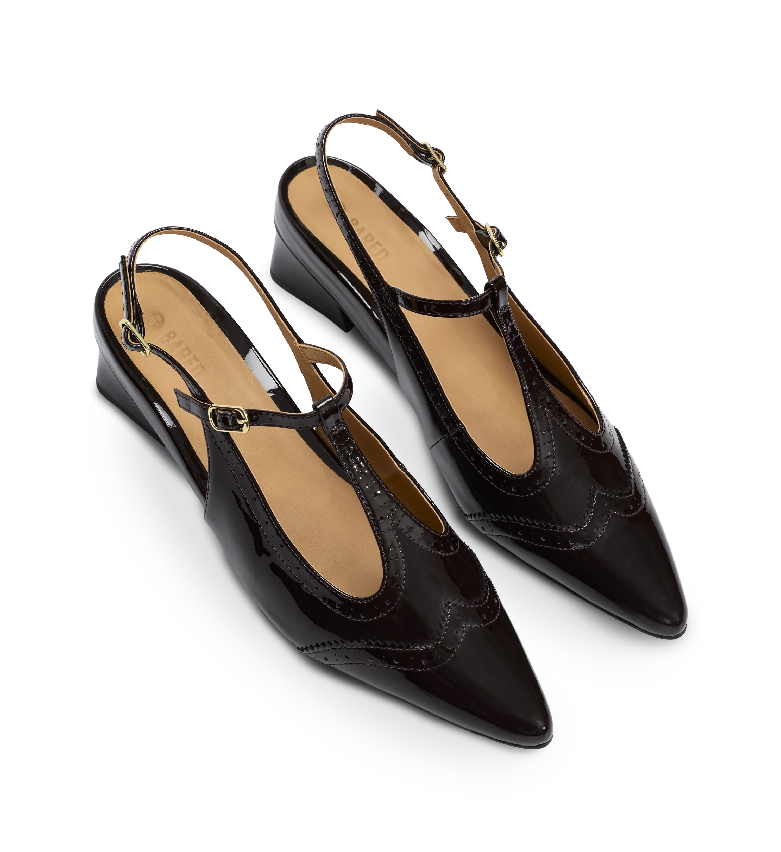 Numida Chocolate Brown Patent Leather & Brogue Detail Low Heels | Bared Footwear | Bared Footwear