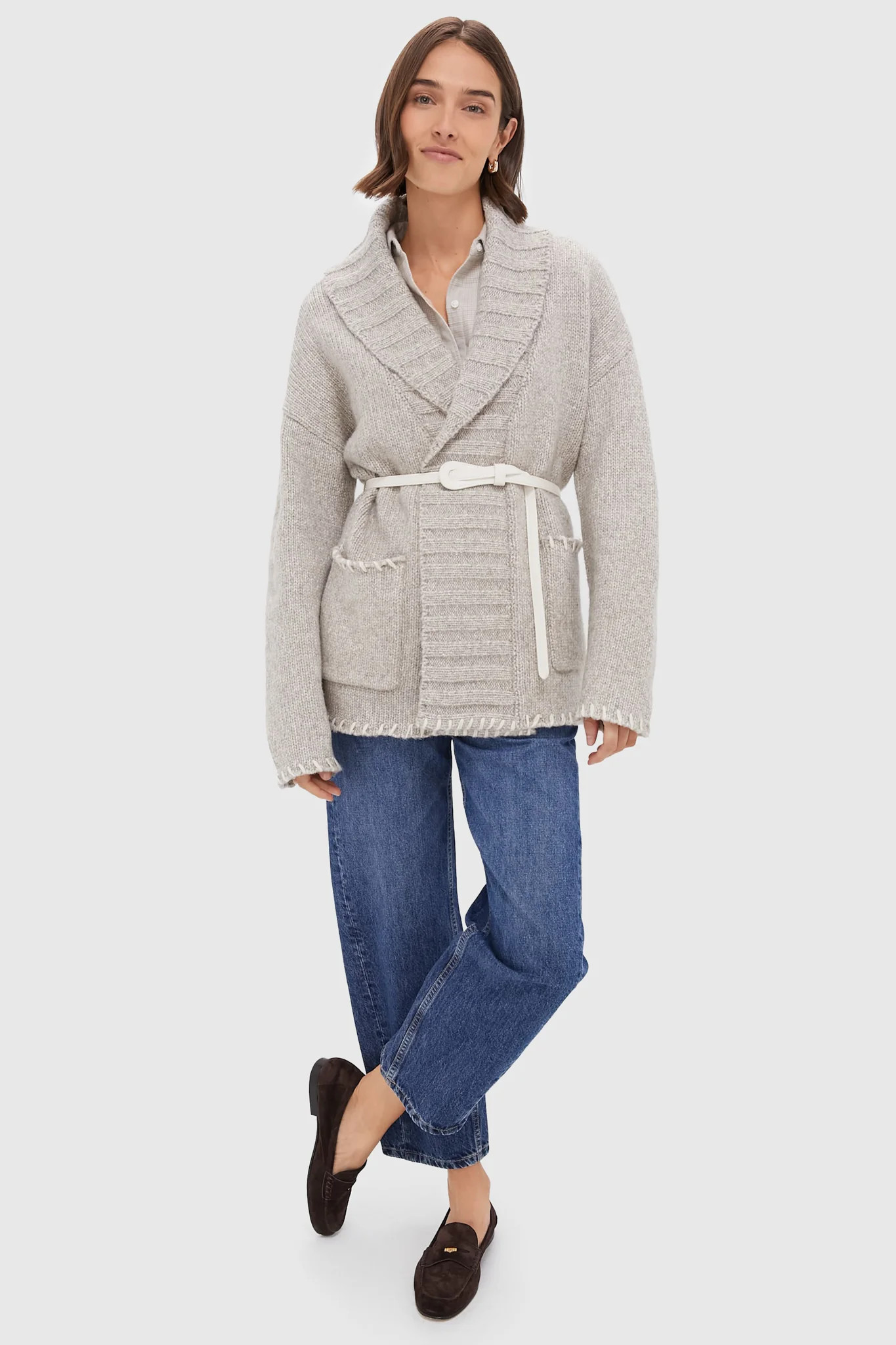 Cream and Gray Blanket Stitch Harrow Cardigan | Tuckernuck (US)