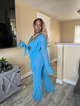 EDITCOZY Women Mesh Sheer 3pcs Outfits Long Sleeve Top Long Pant Bikini Cover Up | Amazon (US)