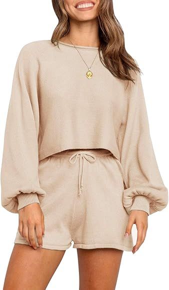 ZESICA Women's Casual Long Sleeve Solid Color Knit Pullover Sweatsuit 2 Piece Short Sweater Outfits  | Amazon (US)