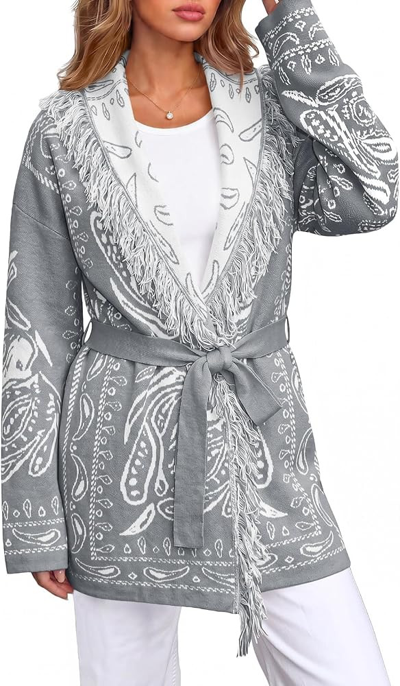 Saodimallsu Womens Fall Tassel Shawl Collar Cardigan Paisley Wrap Sweaters | Amazon (US)