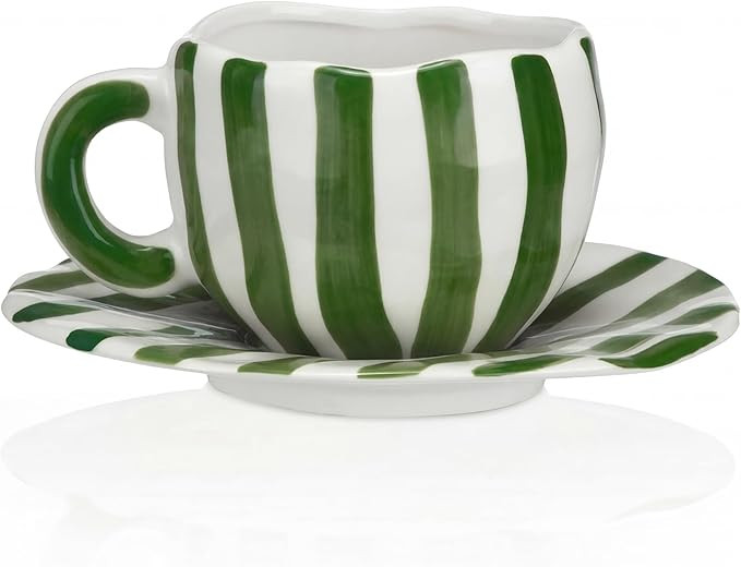 12 oz Ceramic Coffee Cup with Saucer Set Cappuccino Cups Large Green Striped Ceramic Espresso Mug... | Amazon (US)