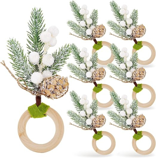 Whaline Christmas Napkin Rings Large White Berries Pine Cones Napkin Holder Rustic Farmhouse Napk... | Amazon (US)