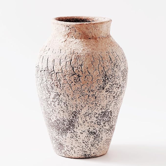 ALMA Handcrafted Crackle Stone Textured Terracotta Vase 12 Inch Tall|Big Decorative Cream Vase fo... | Amazon (US)