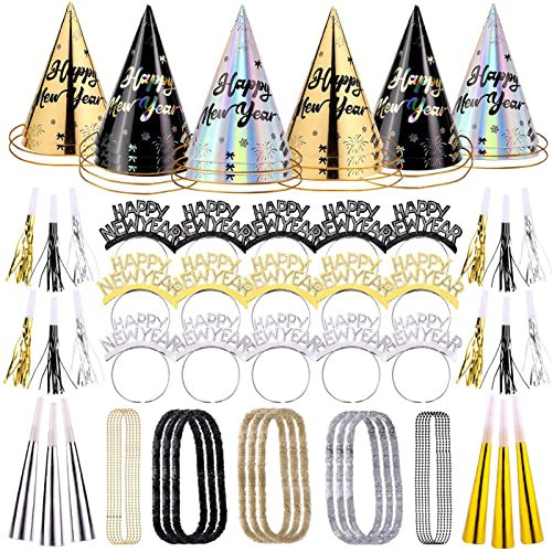 Auihiay 90 PCS New Years Eve Party Supplies - Includes Cone Hats, Glitter Tiaras, Squawkers, Horns, Leis, Necklaces, Black Gold Photo Booth Props for Happy New Year 2026 New Years Decorations | Amazon (US)