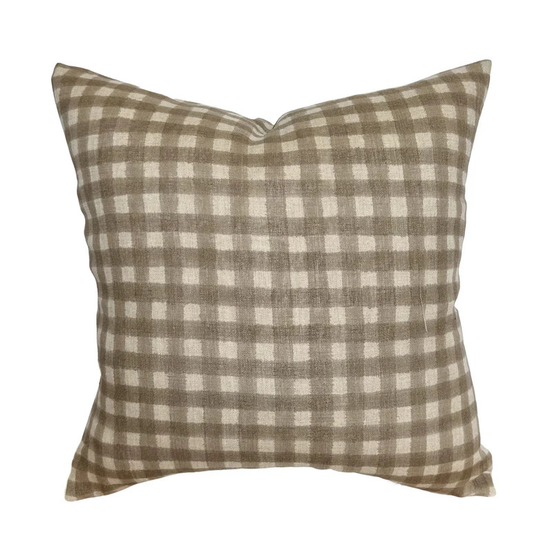 Evan | Soft Brown Gingham Handblock Pillow Cover | Linen and James