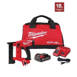 Milwaukee M18 FUEL 18V Lithium-Ion Brushless Cordless 18-Gauge 1/4 in. Narrow Crown Stapler Kit w... | The Home Depot
