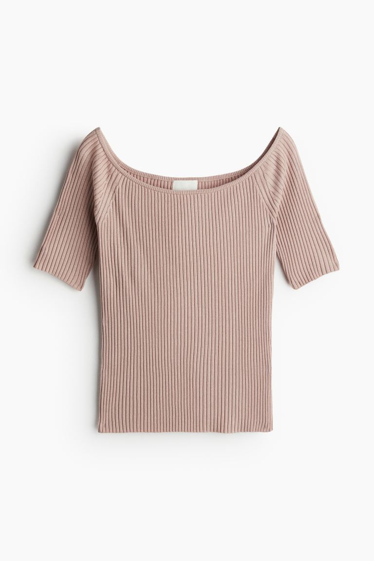Rib-knit Off-the-shoulder Top - Short sleeve - Short - Dusty pink - Ladies | H&M US | H&M (US + CA)