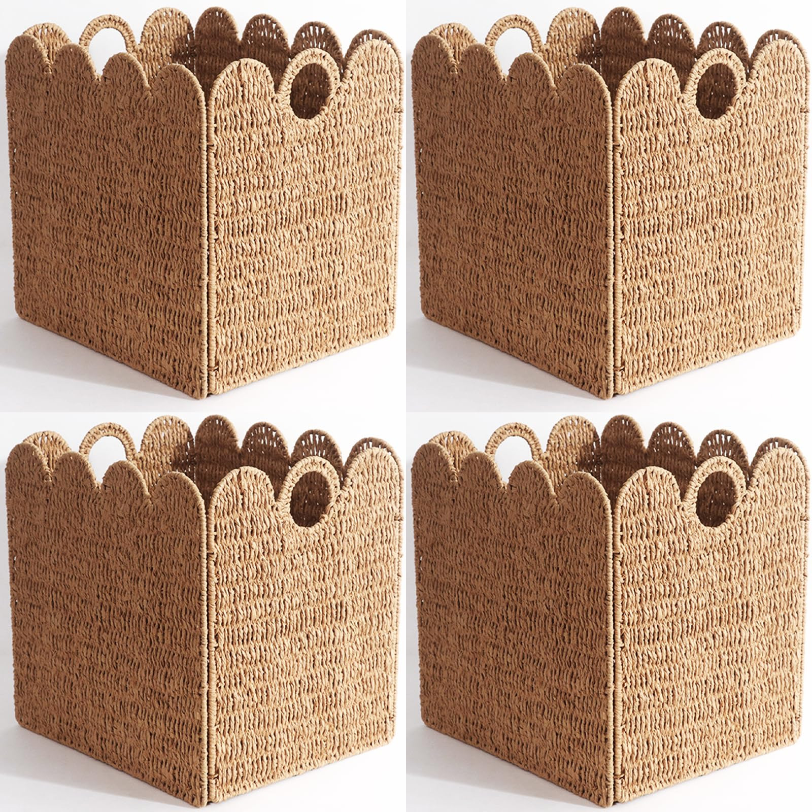 Scalloped Wicker Storage Cubes Basket, 12”x12“ Heavy Duty Paper rope/Hyacinth/Seagrass Basket... | Amazon (US)