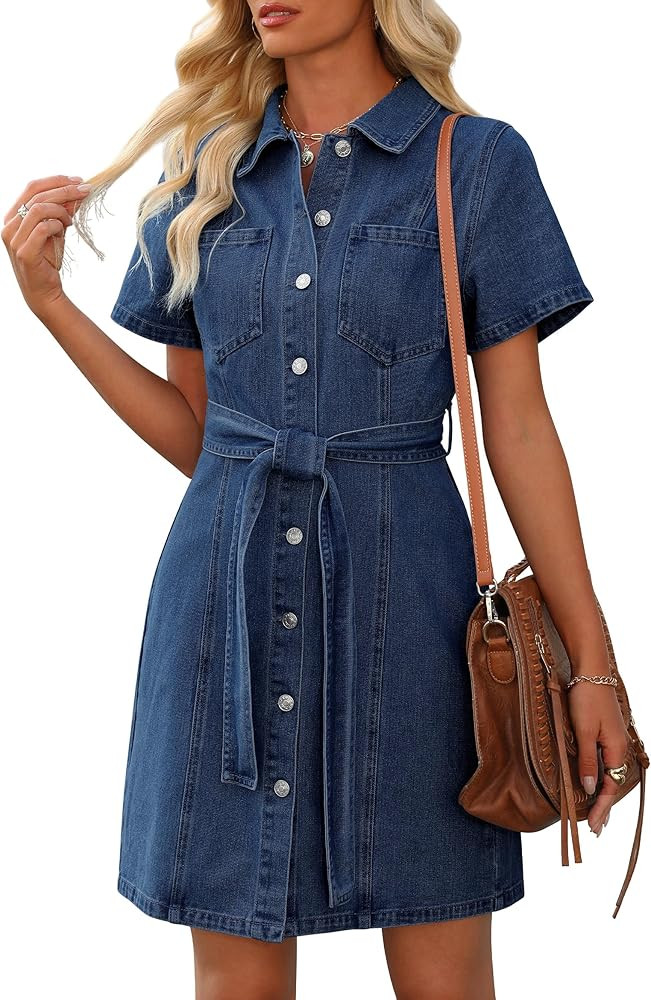 Women's Denim Dress Short Sleeve Jean Dress Button Down Babydoll Denim Shirt Dresses with Pocket ... | Amazon (US)