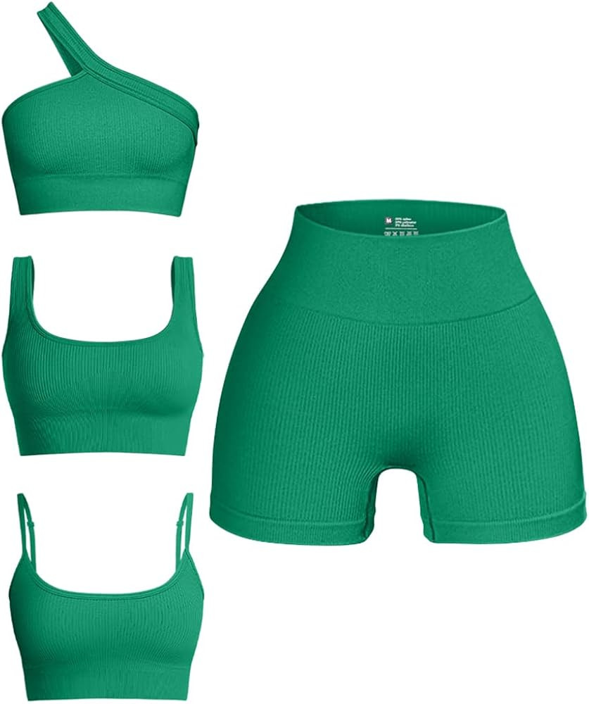 OQQ Women's 4 Piece Outfits Ribbed Seamless Exercise Scoop Neck Sports Bra One Shoulder Tops High Wa | Amazon (US)