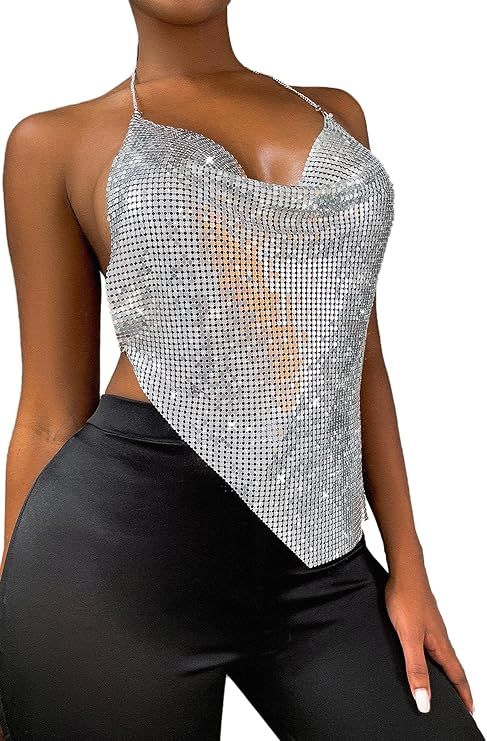 SheIn Women's Sparkle Sequin Halter Tops Sleeveless Backless Cowl Neck Chain Crop Cami | Amazon (US)