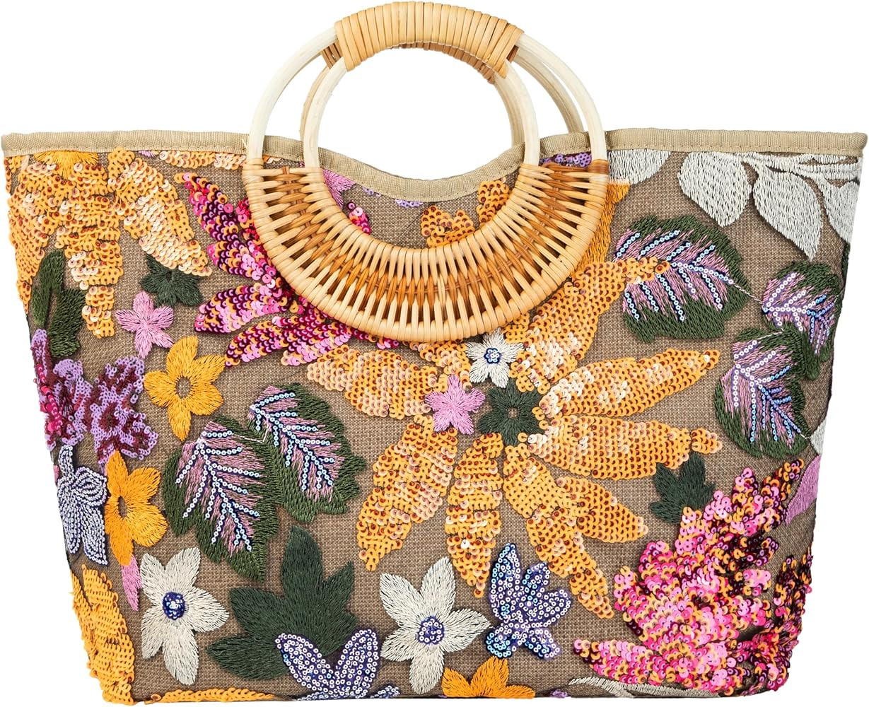 Rattan Wood Handle Sequin Embroidered Floral Beach Bag Tote for Vacation and Wedding Party | Amazon (US)