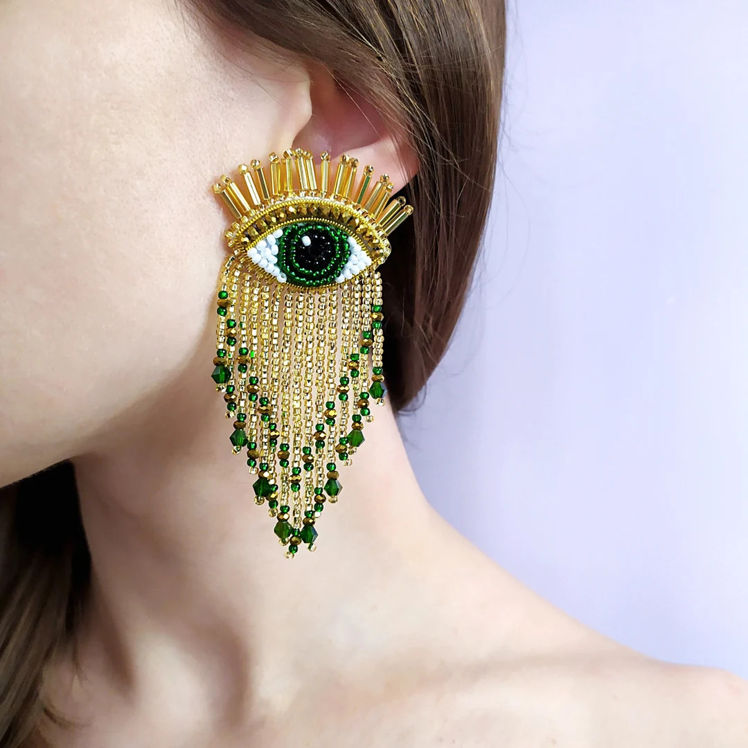 Evil Eye Beaded Earrings. Gold and Green Fringe Earrings. - Etsy | Etsy (US)