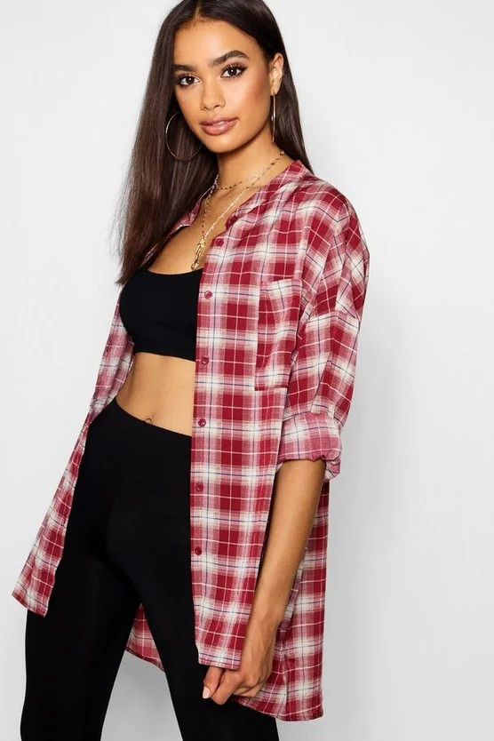 Grandad Collar Oversized Check Shirt | Boohoo.com (US & CA)