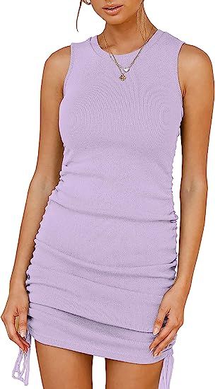 BTFBM Women Sleeveless Bodycon Ruched Short Dress Side Drawstring Solid Crew Neck Casual Summer T... | Amazon (US)