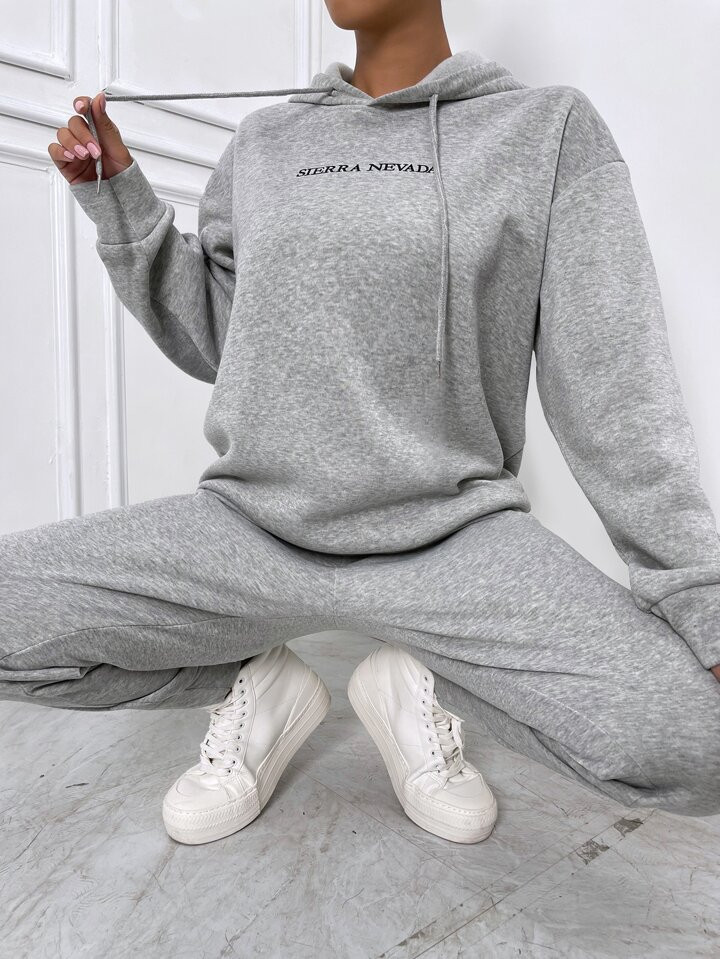 Letter Embroidery Drop Shoulder Hoodie & Sweatpants | SHEIN