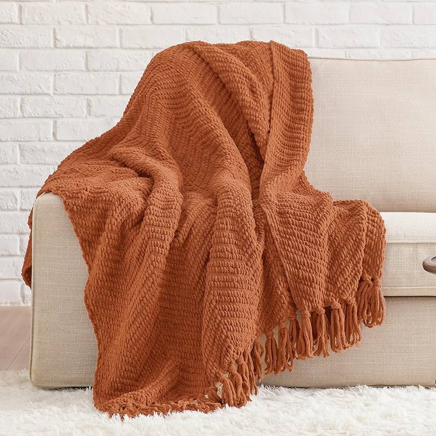 Bedsure Burnt Orange Throw Blanket for Couch – Versatile Knit Woven Chenille Blanket for Chair,... | Amazon (US)