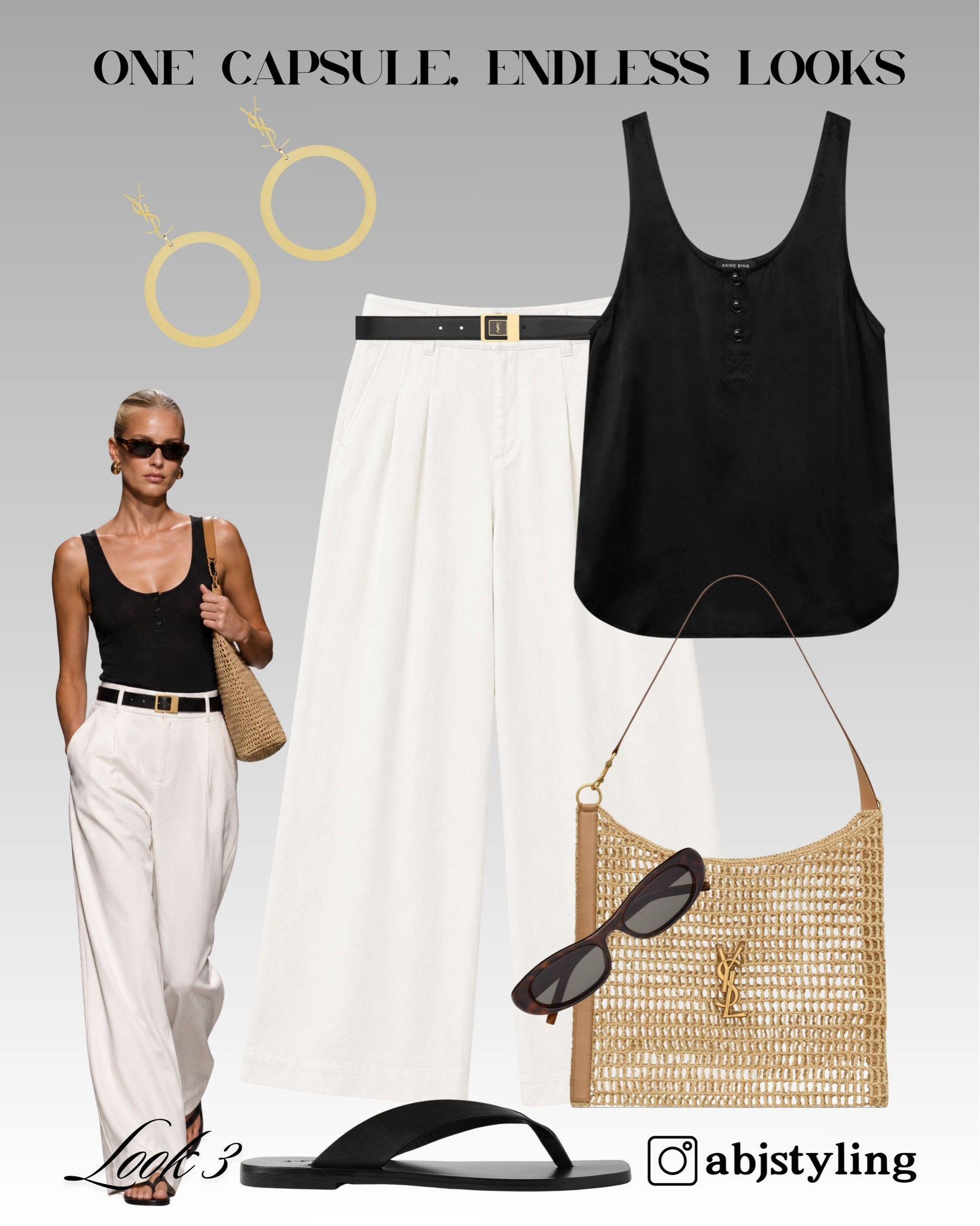 A simple black tank gives white wide-leg trousers a sharper, more polished feel. The black belt and sandals create contrast, while the raffia bag and gold jewellery soften the monochrome palette.

#LTKuk #LTKsummer #LTKeurope